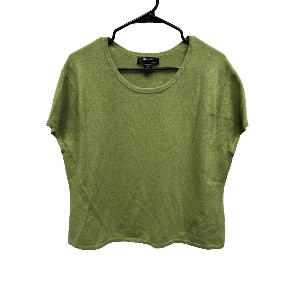 Red Moon Women Cashmere Sweater 1X Short Sleeve Green Pullover Vintage Stretch